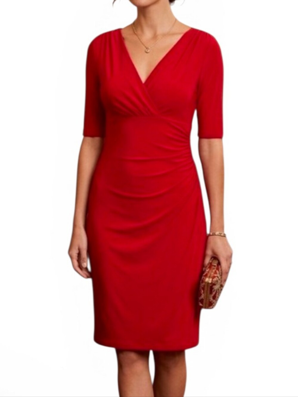 Lauren Ralph Lauren Soft Red Faux Wrap V-Neck Sheath Dress